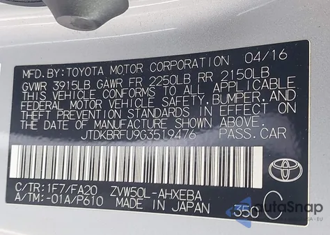 2016 Toyota Prius Two from USA, damaged, VIN JTDKBRFU9G3519476